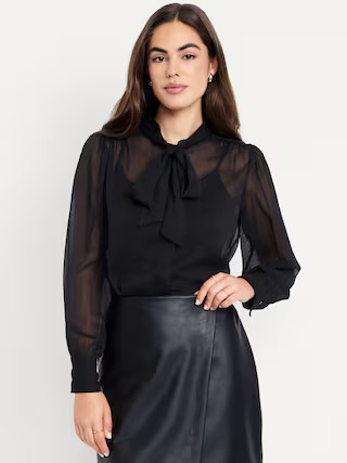 Long-Sleeve Tie-Neck Chiffon Top | Old Navy (US)