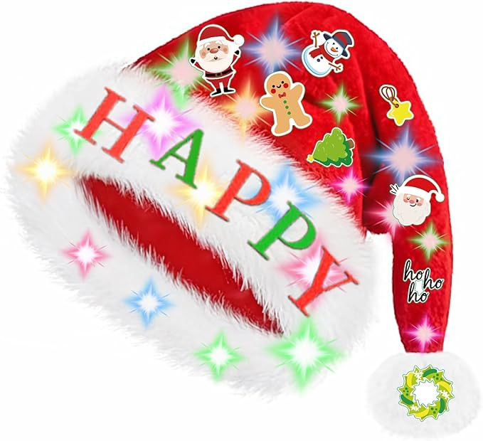 Light Up Santa Hat with DIY Stickers, Light-Up Christmas Hat for Women & Men, Festive Holiday Par... | Amazon (US)