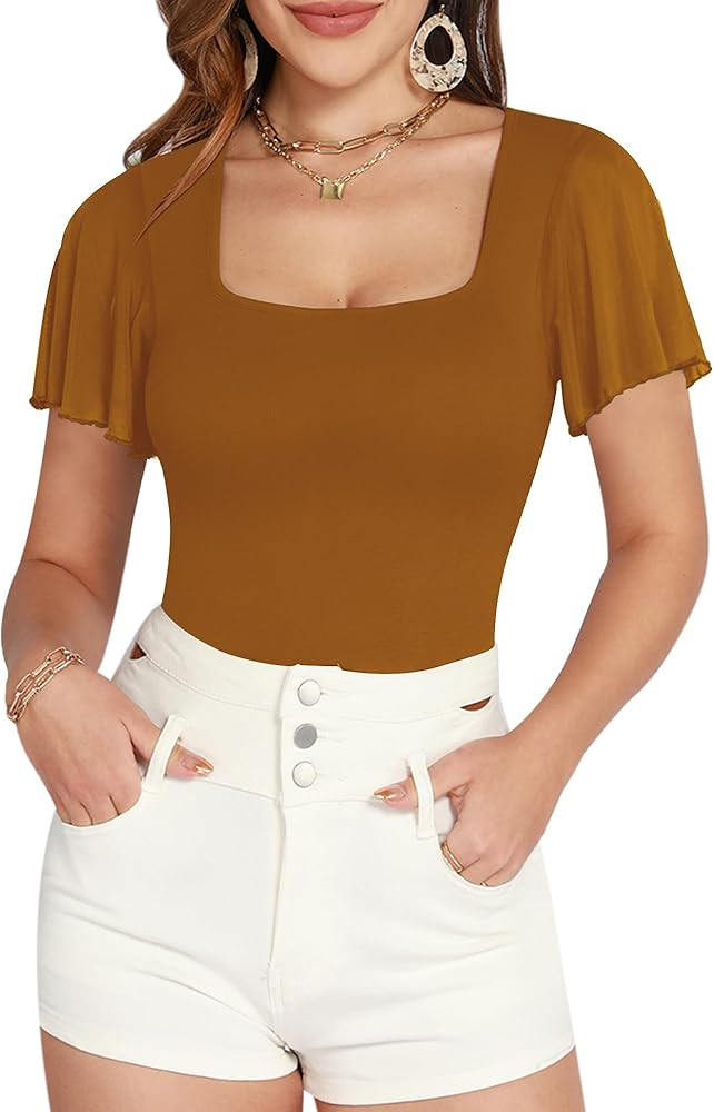 MANGOPOP Women's Bodysuit Square Neck Ruffle Flutter Sheer Mesh Short Sleeve Slim Fit Blouse Body... | Amazon (US)