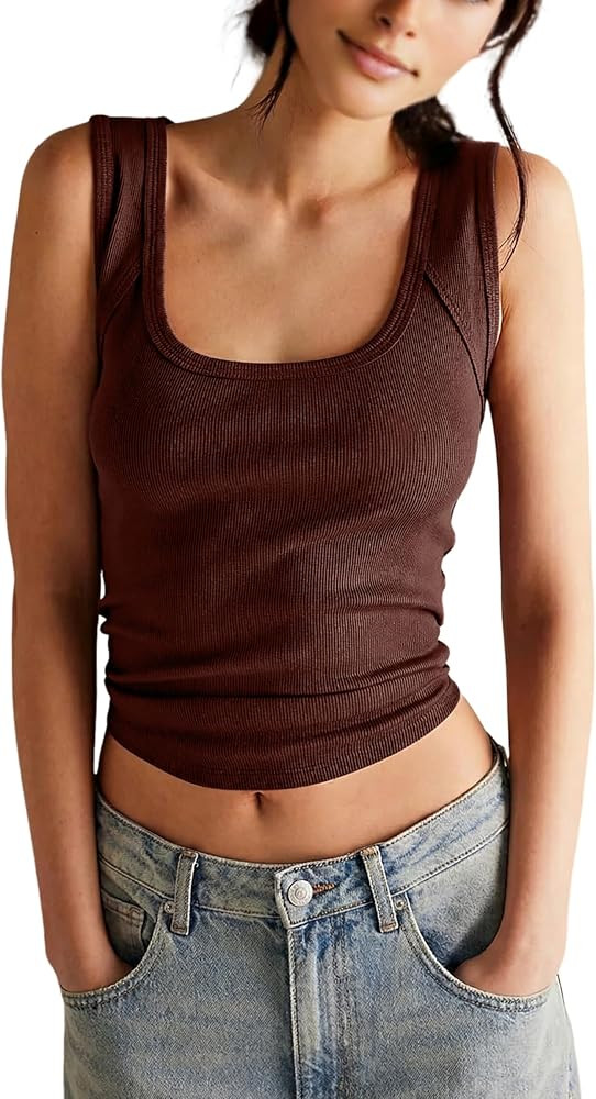 Springrain Women's Sleeveless Scoop Neck Ribbed Tank Tops Lightweight Fitted Cami Tee Shirts | Amazon (US)