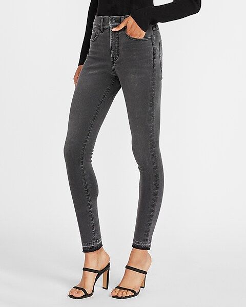 Mid Rise Supersoft Black Raw Released Hem Skinny Jeans | Express