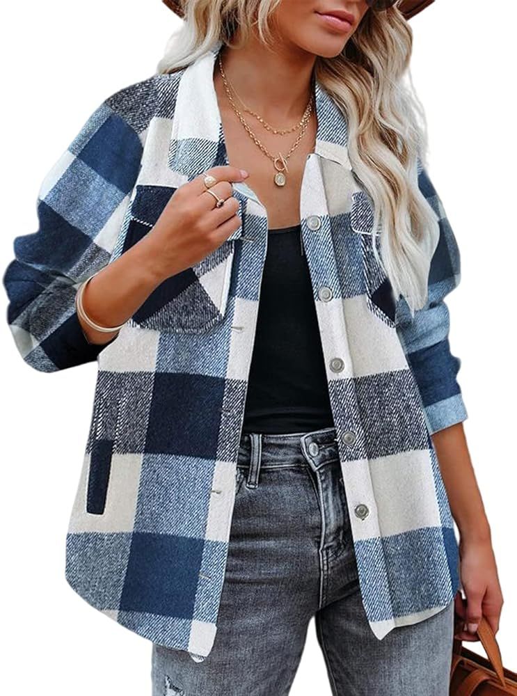 Yousify Womens Button-Down Plaid Jacket Lapel Long Sleeve Shacket Coat Casual Outwear with Pocket | Amazon (US)
