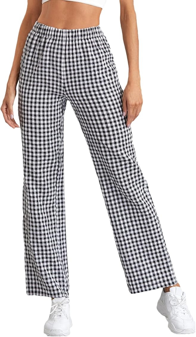 Milumia Women Plaid Elastic High Waisted Pants Straight Leg Gingham Trousers | Amazon (US)