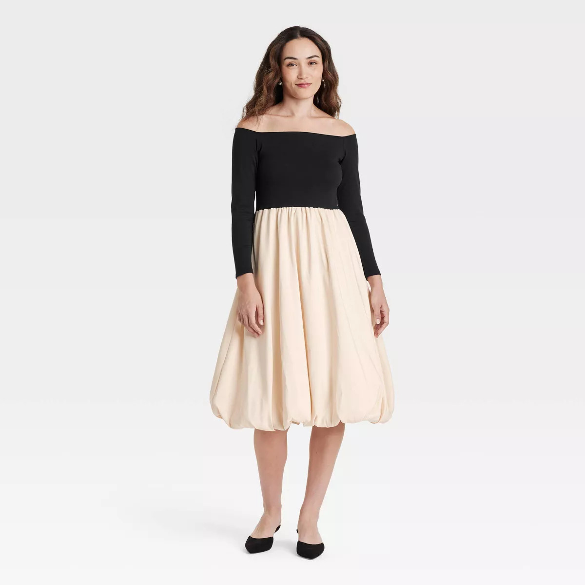 Women's Long Sleeve Midi A-Line Dress - A New Day™ Black/Cream | Target