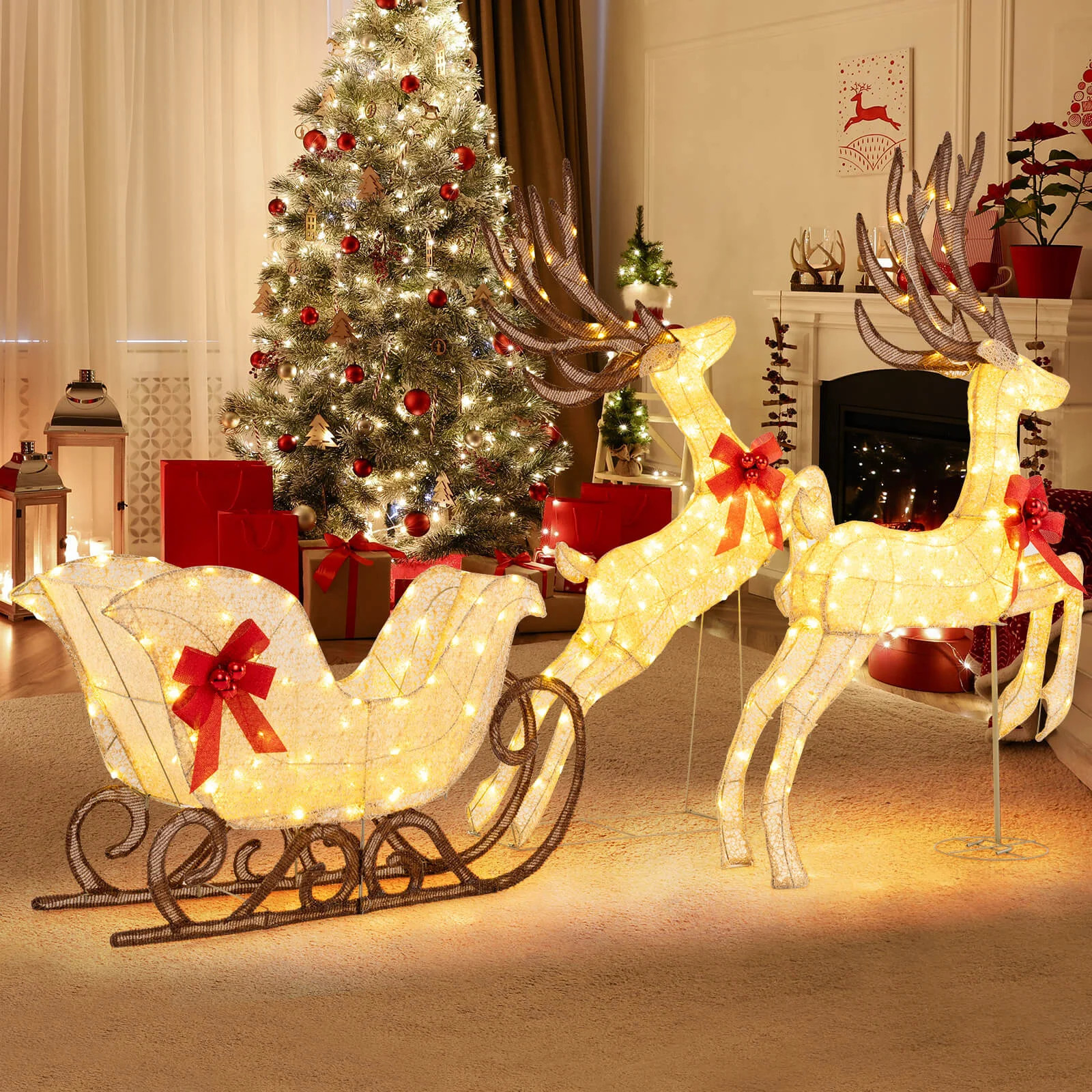 3PCS Christmas Lighted Reindeer Sleigh Set with 280 White LED Lights Ground Stakes | Wayfair North America
