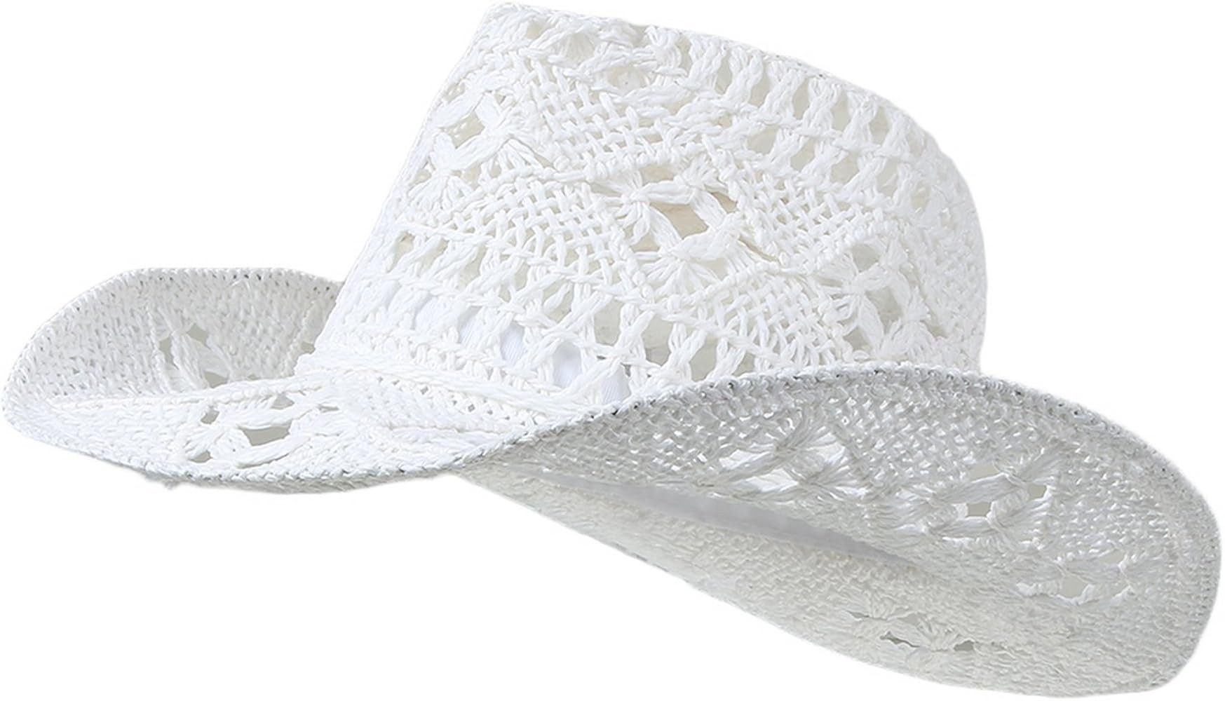 Men & Women's Summer Cowboy Cowgirl Straw Hat Hollow Out Woven Roll Up Wide Brim Sun Hat with Chi... | Amazon (US)