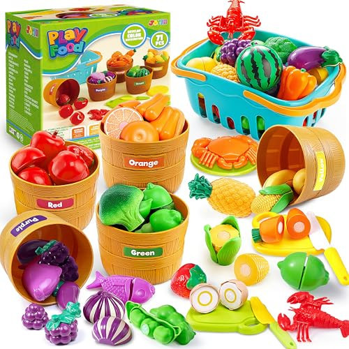 JOYIN Learning Toys Play Food Set for Toddlers, Cutting Food for Preschool Activities, Play Kitchen Accessories, Educational Toys, Color Sorting Set for Boys & Girls, Easter Basket Stuffers | Amazon (US)