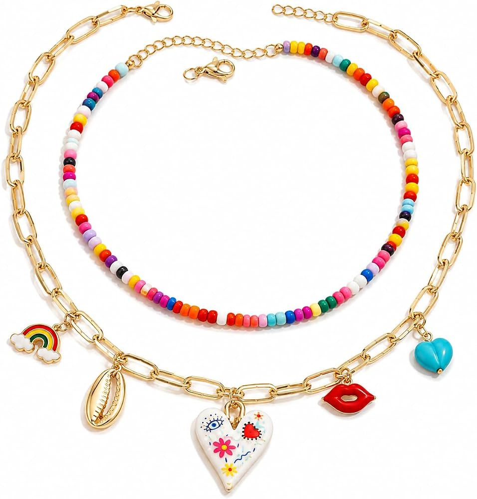 Layered Necklaces For Women, Boho Colorful Beaded Rainbow Shell Turquoise Evil Eye Heart Pendant ... | Amazon (US)