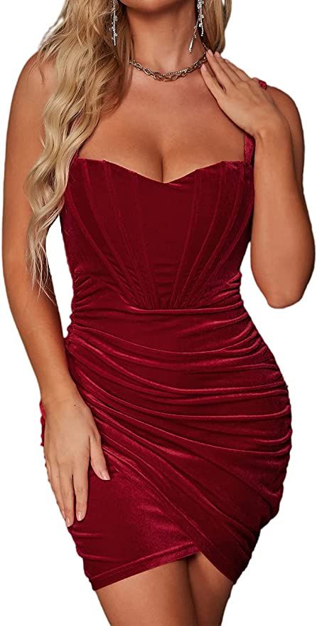 XinFSh Women's V Neck Sleeveless Velvet Strap Bodycon Ruched Club Party Dress | Amazon (US)