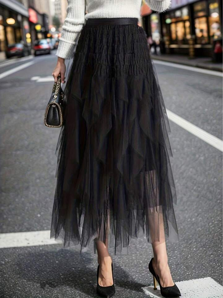 High Waist Mesh Overlay Skirt | SHEIN