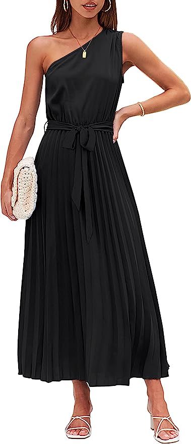 MEROKEETY Womens 2023 One Shoulder Sleeveless Pleated Tie Waist A Line Flowy Party Maxi Dress | Amazon (US)