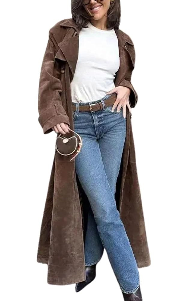 HULKAY Suede windbreaker women's long windbreaker, autumn and winter coat, artificial leather dou... | Amazon (UK)