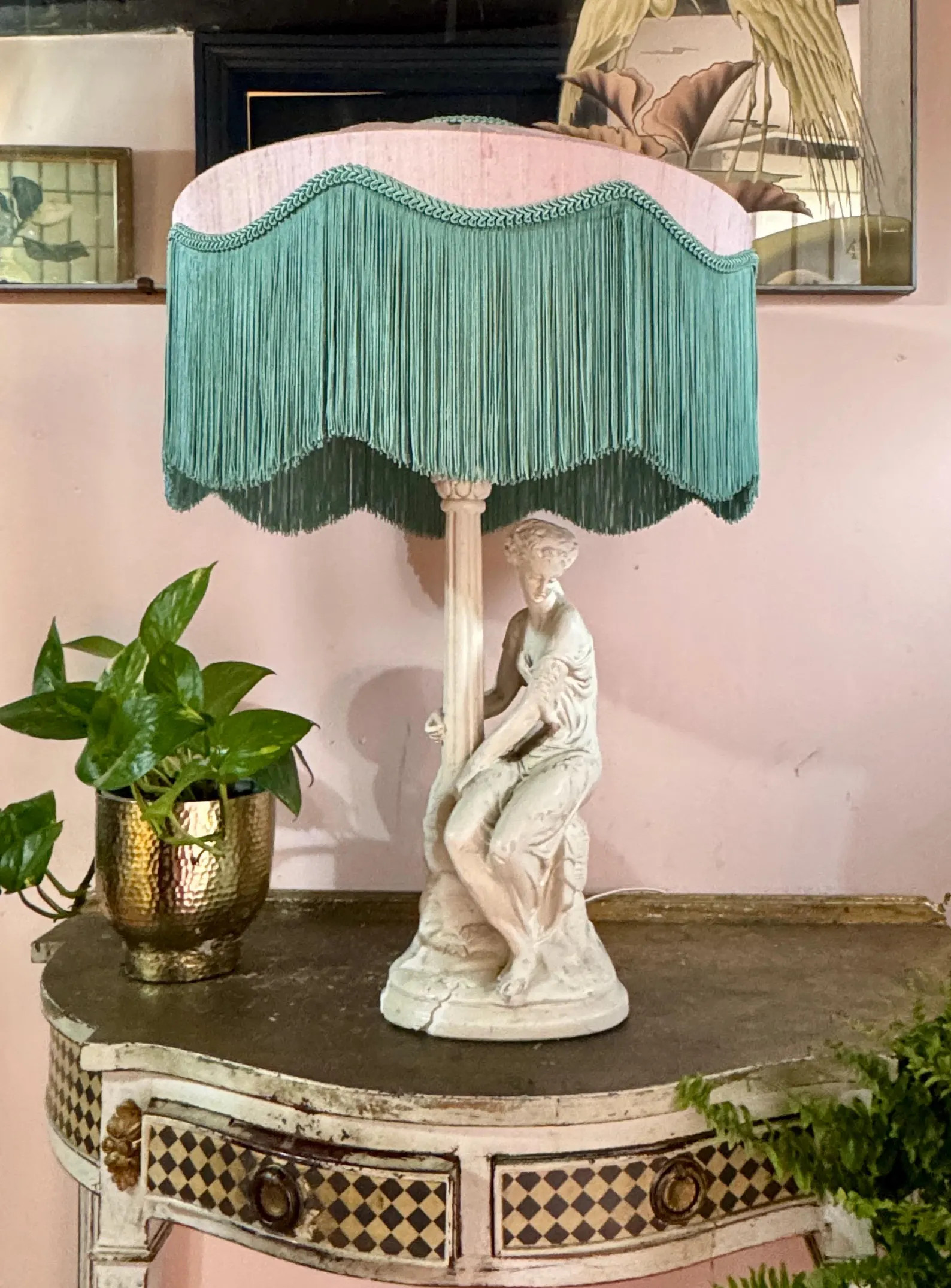 Luxury 12” Pink & Green Silk Fringe Lampshade, Art Deco Fringed Lampshade, Victorian Lampshade,... | Etsy (US)