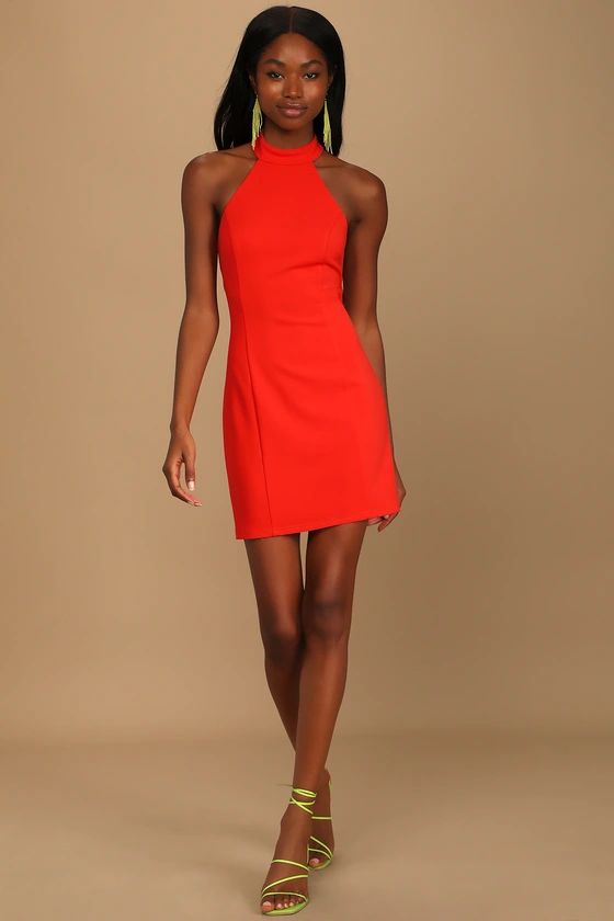 Striking Style Coral Red Halter Bodycon Mini Dress | Lulus (US)