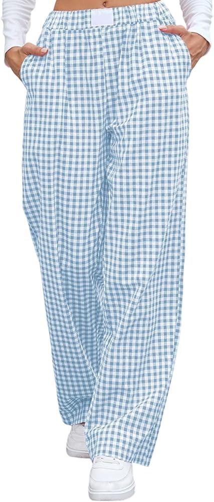 Women's Plaid Pants Elastic Waist Gingham Wide Leg Pants Casual Y2k Retro Pajama Trousers Sweatpa... | Amazon (US)