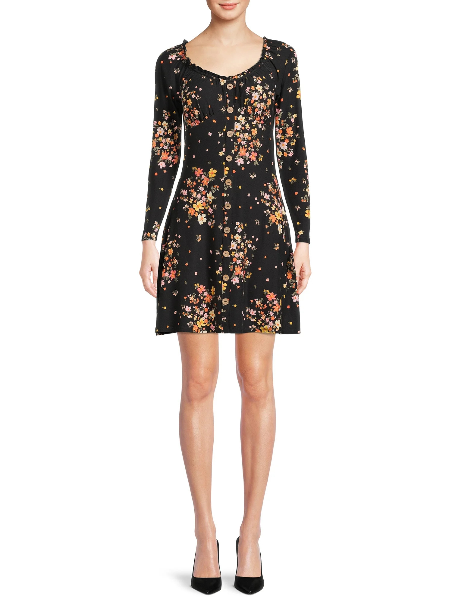 No Boundaries Juniors' Long Sleeve Button Front Dress | Walmart (US)