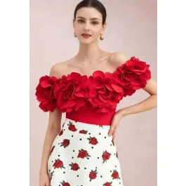Statement 3D Ruffle Flower Swimsuit in Red for Resort Getaways & Beach | Chicwish