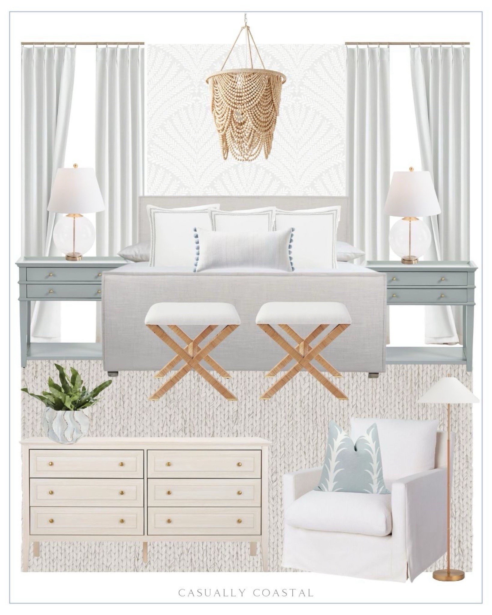 Primary Bedroom inspiration, with several items that are currently on sale! 
——— 
Coastal bedroom ideas, coastal home decor, primary bedroom inspo, coastal bedroom furniture, beach home style, beach house decor, beach bedroom, neutral bedroom ideas, blue and white decor, coastal interiors, master bedroom decor, master bedroom ideas, home inspo, neutral home, upholstered bed, Wayfair beds, high low style, faux plants, neutral area rug, coastal rugs, Amazon rugs, neutral rugs, woven rugs, beach house rugs, coastal dresser, bedside table, ballard designs nightstands, blue nightstands, 2 drawer nightstand, designer look for less, bed pillows, bed pillow styling, bedroom decor, beaded chandelier, coastal chandelier, statement chandelier, coastal table lamp, glass table lamp, 6 drawer dresser, neutral dresser, x-vase stool, rattan stool, bedroom bench, chunky knit handwoven rug, coastal sham, Serena & lily pillows, accent pillows, coastal accent pillows, floral wallpaper, coastal wallpaper, coastal nightstand, swivel chair, feather filled swivel chair, neutral accent chair, white upholstered chair, brass and rattan floor lamp, coastal floor lamp, linen curtains, Amazon curtains, coastal planter, Amazon drapes

#LTKHome #LTKSaleAlert