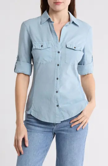 James Perse Three-Quarter Sleeve Button-Up Shirt in Azure at Nordstrom Rack, Size 0 | Nordstrom Rack