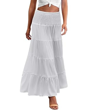 Zeagoo Women's Long Maxi Skirts Tiered Elastic High Waist Boho Double Layered Print A-Line Casual... | Amazon (US)