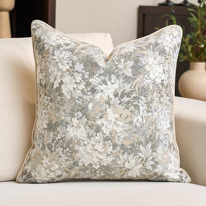 Alerfa Beige Neutral Floral Pillow Cover 18 x 18 Inch, Vintage Chenille Square Couch Pillow Cover... | Amazon (US)