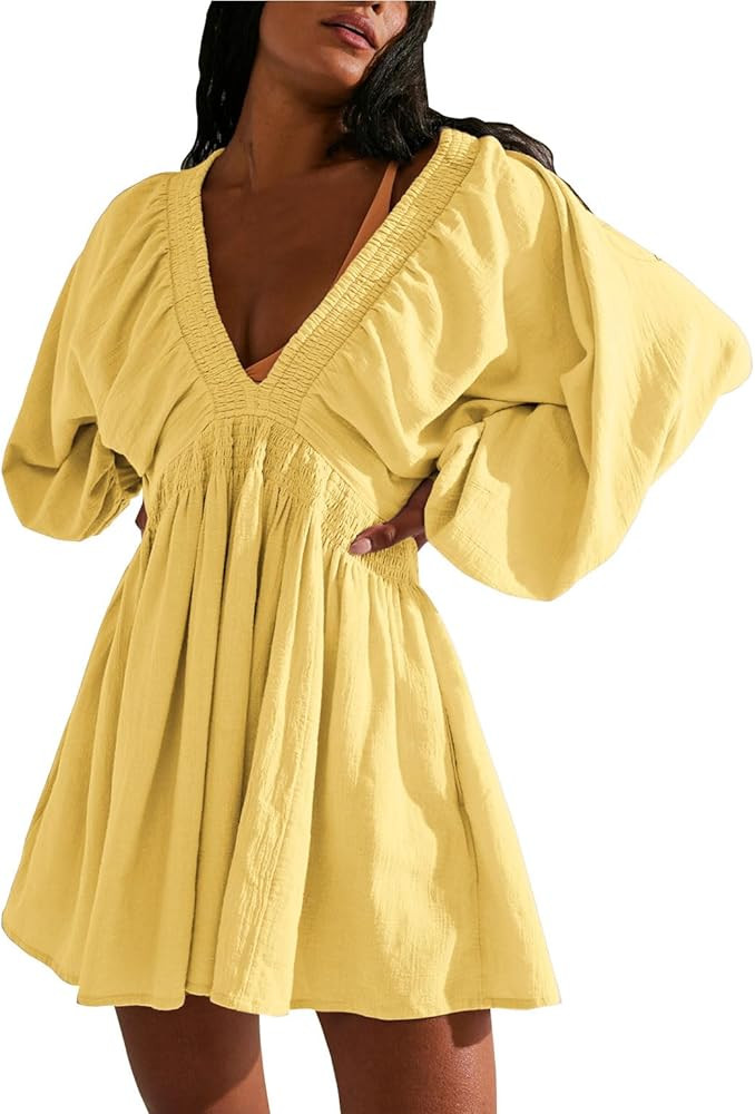 Ladyful Women's Cotton Linen Mini Dress V Neck A-Line Beach Sundress | Amazon (US)