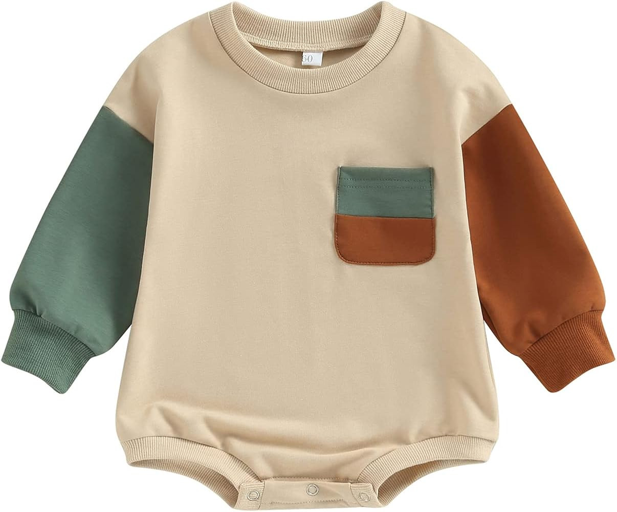 Baby Boy Girl Color Block Sweatshirt Romper Oversized Bubble Sweater Onesie Long Sleeve Pocket Pu... | Amazon (US)