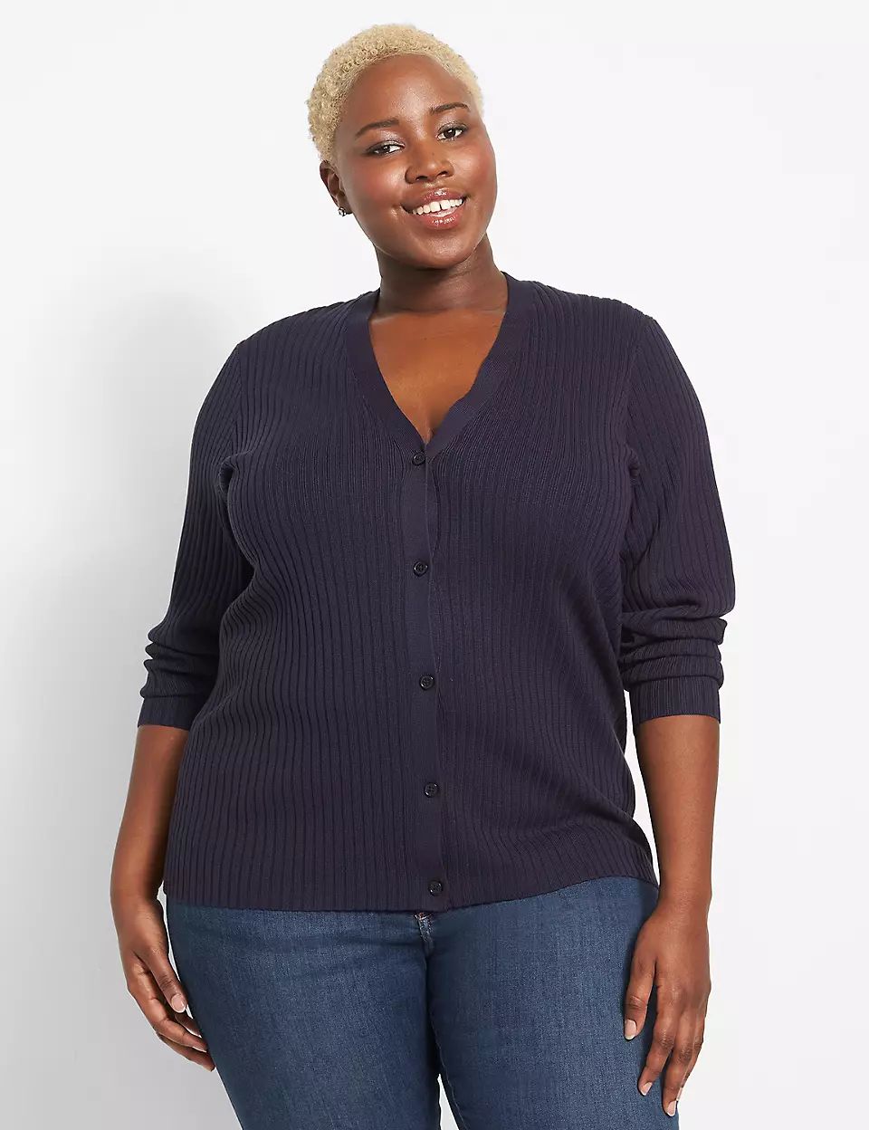 Ribbed V-Neck Button-Front Cardigan | Lane Bryant (US)