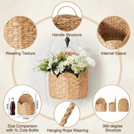 2PC Hanging Planter Basket, Water Hyacinth Woven Wall Basket for Front Door Decor, Handmade Wicker Storage Organizer for Flowers, Mail, Farmhouse Garden Home Decor | Walmart (US)