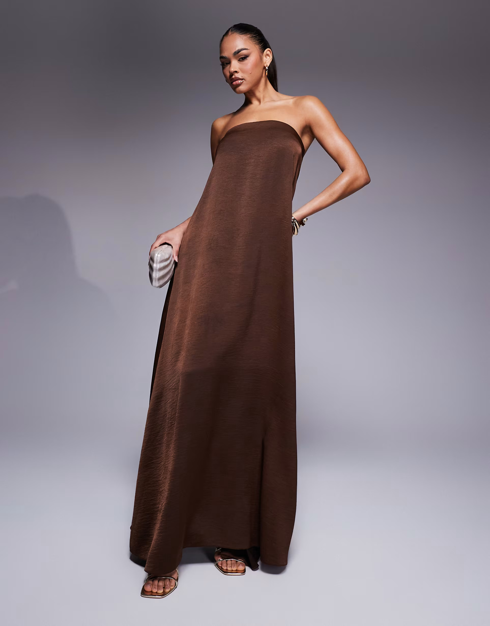 ASOS DESIGN bandeau trapeze satin maxi dress in chocolate | ASOS | ASOS (Global)