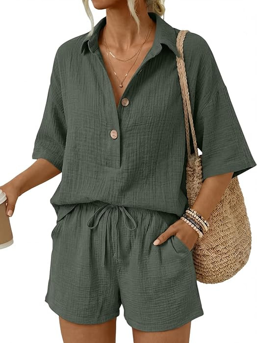 LILLUSORY Women 2 Piece Linen Short Sets 2026 Summer Vacation V Neck Short Sleeve Beach Outfits O... | Amazon (US)