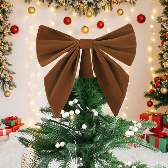 Soulchen 12 Inch Neutral Khaki Velvet Bow Christmas Tree Topper Decorative Velvet Ribbon Bow Pre-... | Amazon (US)