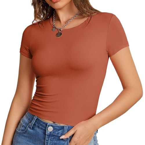 SanaRazo Short Sleeve T Shirts for Women Slim Fitted Basic Tees Cropped Tshirts Trendy Crewneck Plain Tight Tops(Chocolate Brown,X-Large) | Amazon (US)