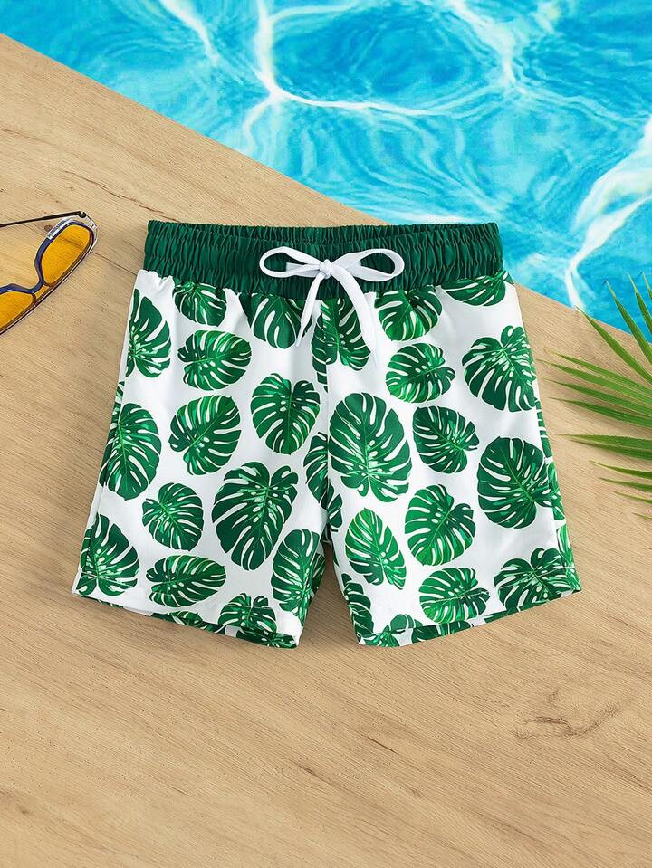 Young Boy 1pc Tropical Print Drawstring Waist Swim Shorts | SHEIN