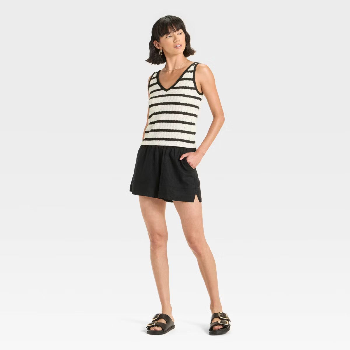Women's Knit Openwork Tank Top - Universal Thread™ Black/White Striped L | Target
