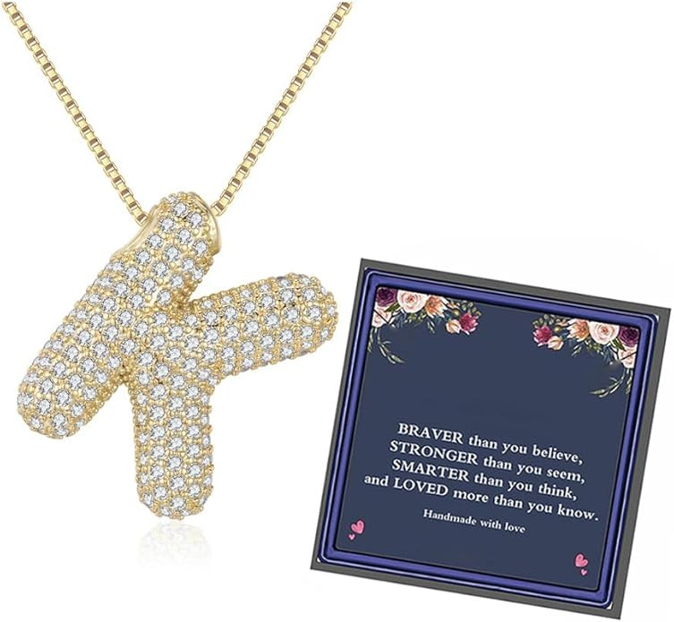 Bubble Letter Necklace Gold for Women\uff0cCharm Balloon Initial Letter Pendant Zirconia Inlaid N... | Amazon (US)