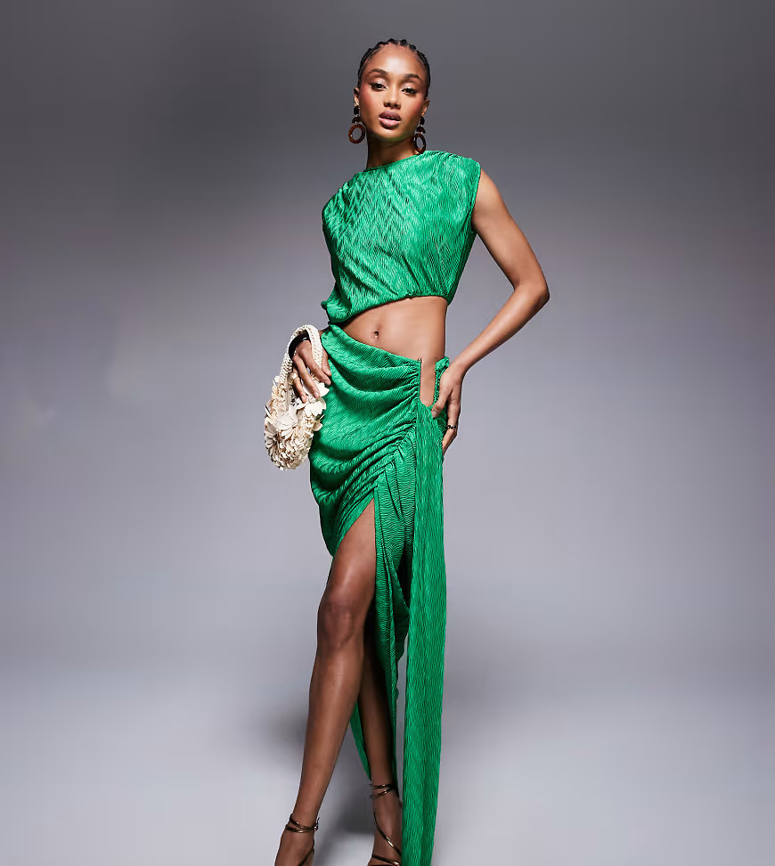 ASOS DESIGN Tall metallic plisse midi dress with angular waist trim in green | ASOS (Global)