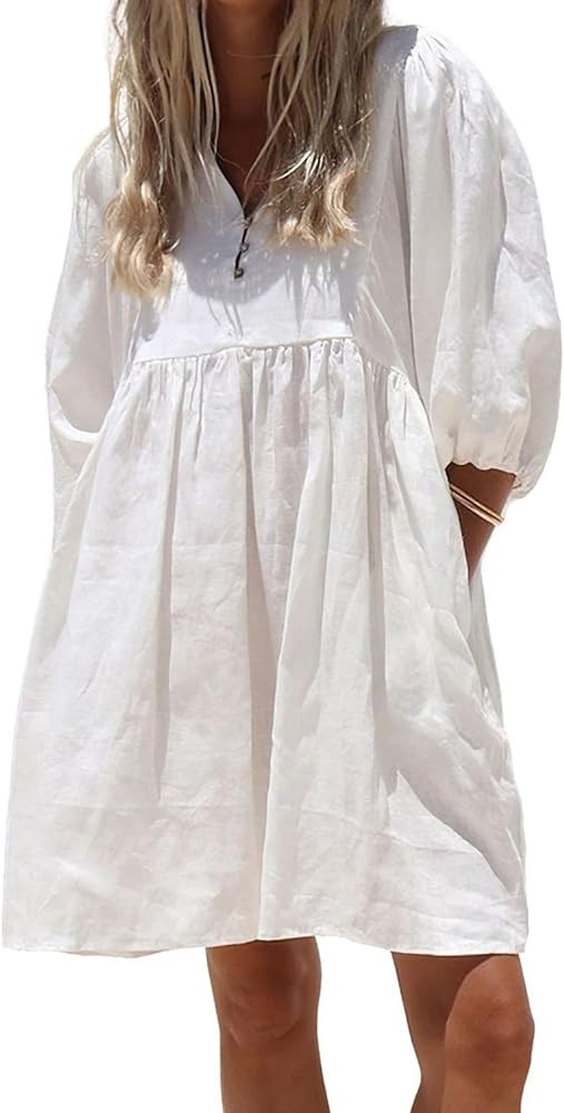 chouyatou Women's Summer Puff Sleeve Cotton Tunic Dress V-Neck Mini Vacation Babydoll Dress | Amazon (US)