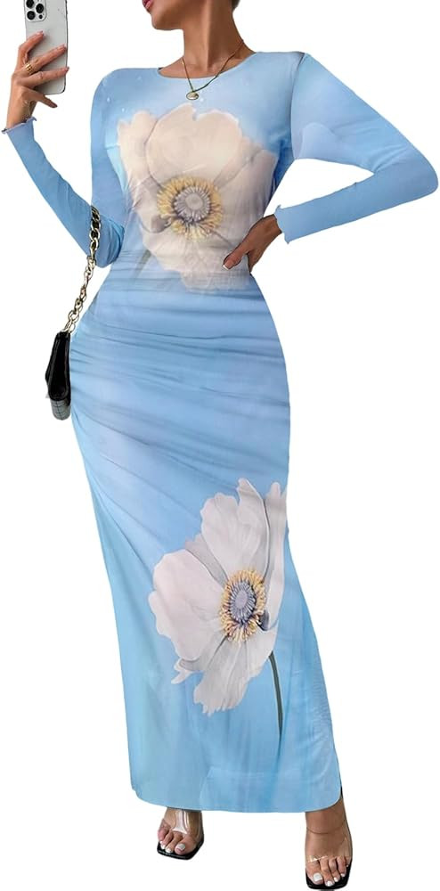 MARZXIN Womens Long Sleeve Maxi Dress Bodycon Ruched Natural Slim Fit Tie Dye Dress Cocktail Dres... | Amazon (US)