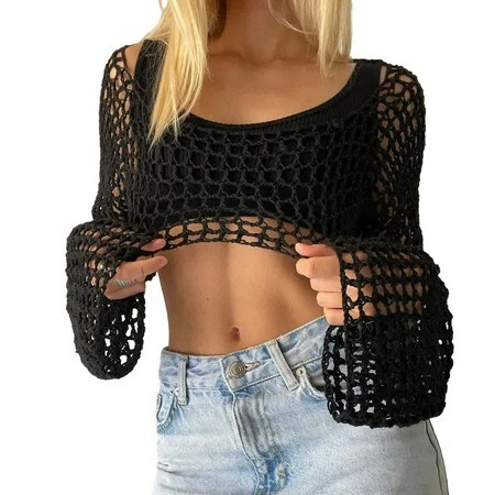 Long Sleeve Crochet Top Womens Knitted Crop Top Mesh Top Beach Y2k Streetwear Black M | Walmart (US)