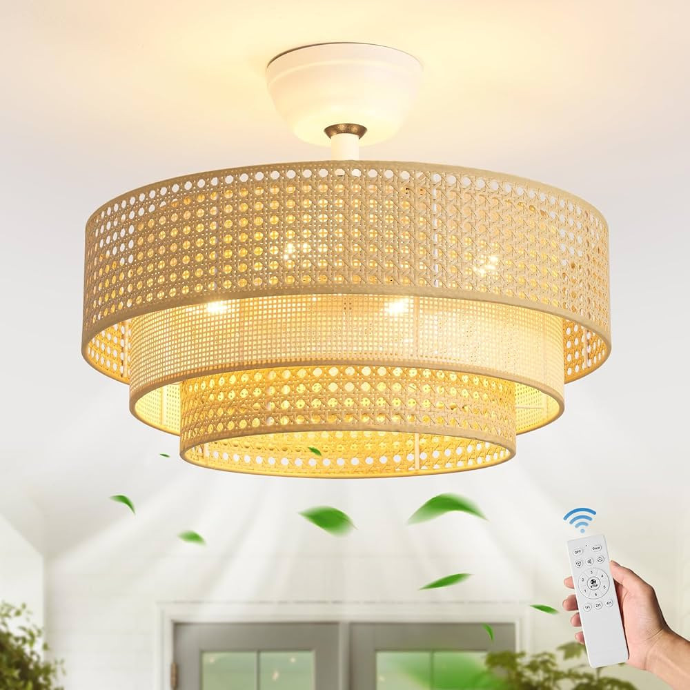 20" Boho Ceiling Fan with Light, Triple Rattan Ceiling Fans with Lights and Remote Control, Coast... | Amazon (US)