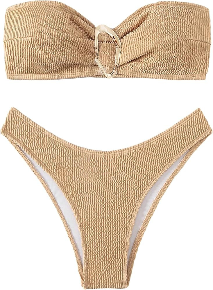 WDIRARA Women's 2 Piece Solid Ruched Bandeau Swimwear Set High Cut Textured Bikini Swimsuit Sets ... | Amazon (US)