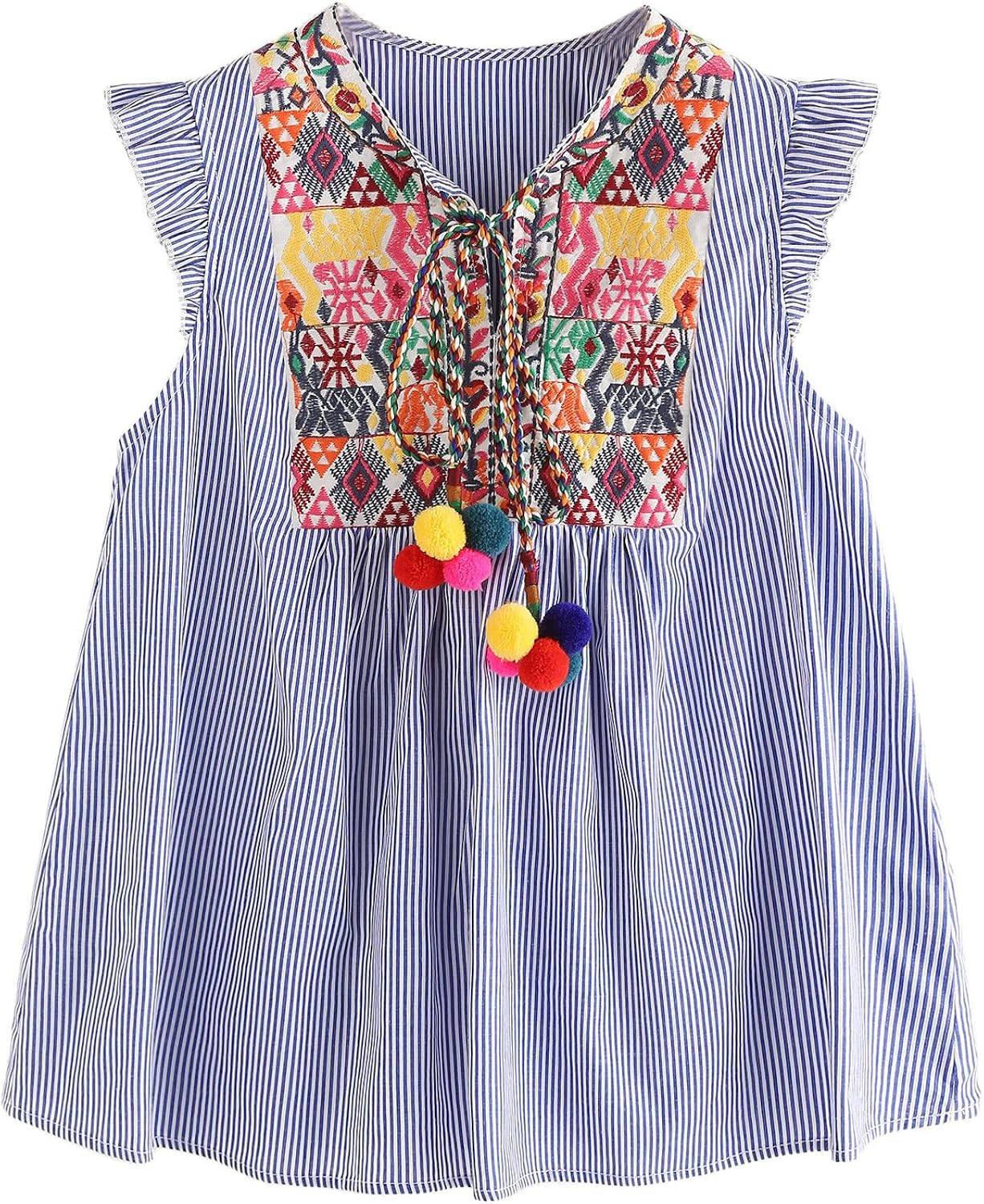 Floerns Women's Ruffle Striped Mexican Embroidered Babydoll Blouse Top | Amazon (US)