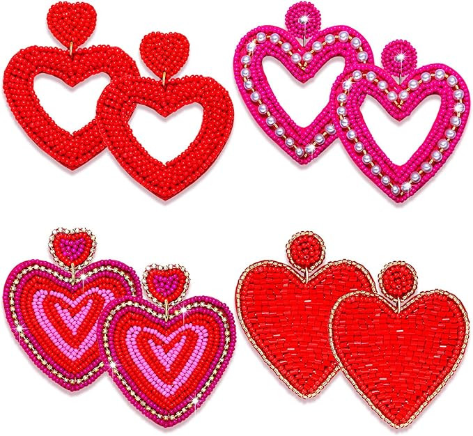 4Pairs Beaded Heart Earrings Valentine’s Day Earrings for Women Handmade Beaded Dangle Earrings... | Amazon (US)