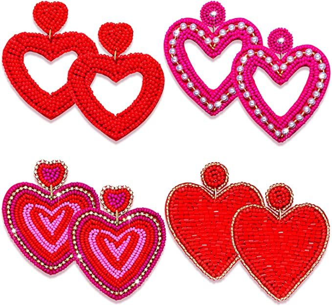 4Pairs Beaded Heart Earrings Valentine’s Day Earrings for Women Handmade Beaded Dangle Earrings... | Amazon (US)