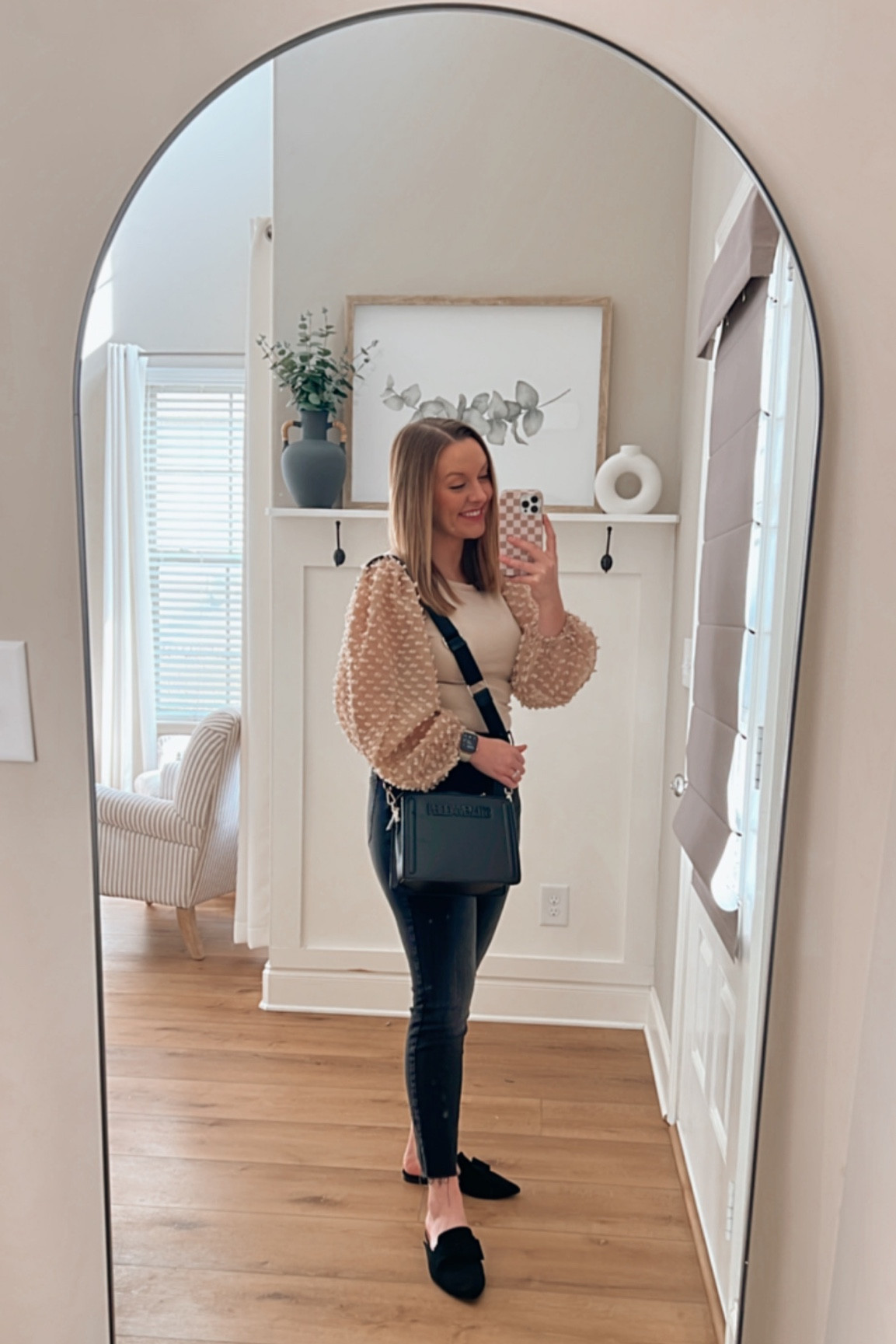 Women’s business casual, realtor outfits, date night outfits women, puff sleeve, puff sleeve sweater, puff sleeve top, black jeans outfit, Amazon miles, amazon slides, black slides, burga phone case, aesthetic phone case, Steve Madden purse, white ceramic circular vase, entry way decor, black arch mirror, black arched mirror, modern full length mirror 

#LTKworkwear #LTKFind #LTKstyletip