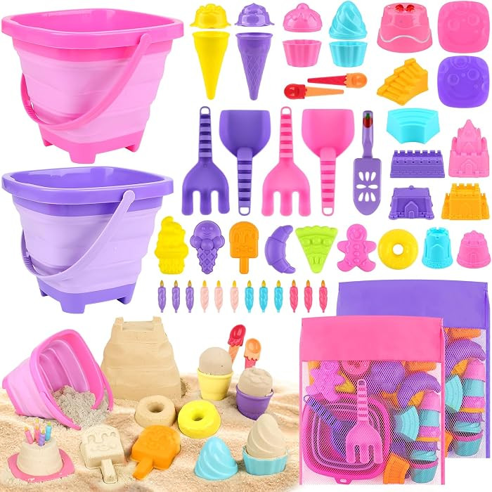Dreamon Collapsible Beach Toys Set for Kids 3-10, Collapsible Sand Bucket with Beach Molds and Me... | Amazon (US)