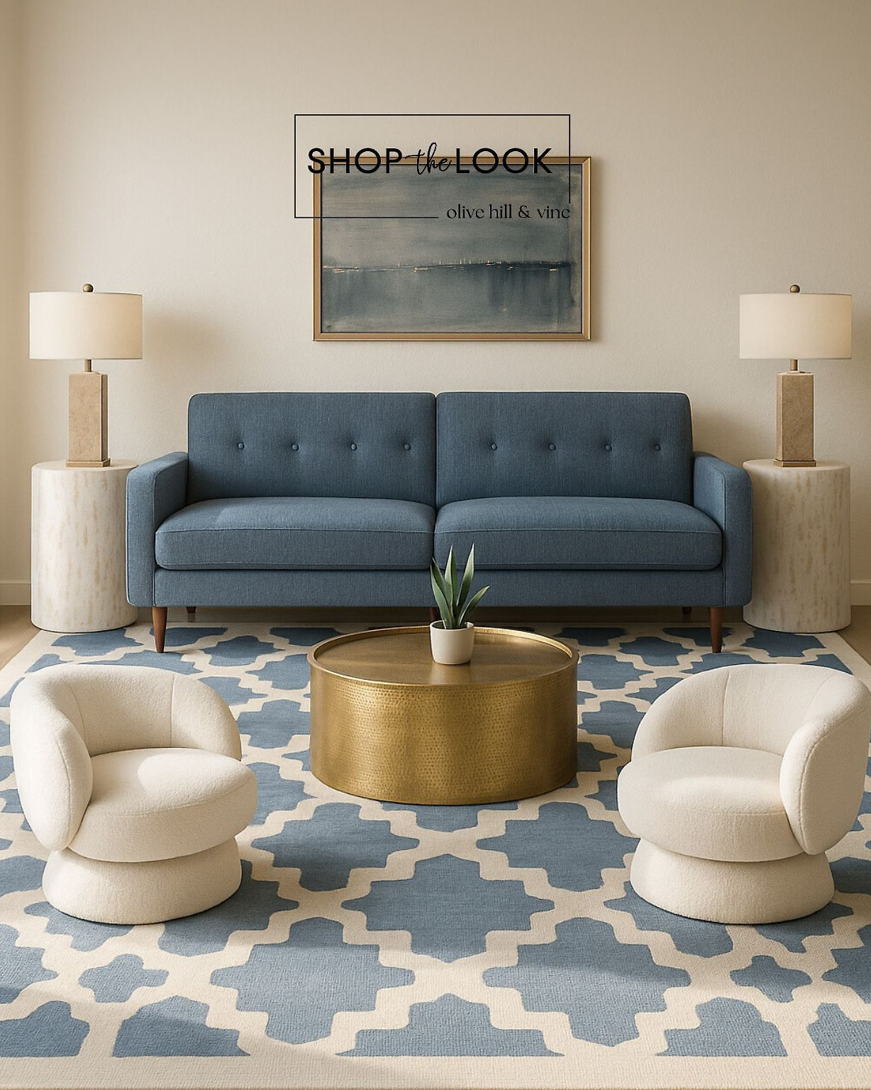 Step into a blue and white haven with mid-century flair—linen tufted sofa, boucle swivel chairs, and a hammered gold coffee table. Layered with warm lighting and a patterned rug, it’s modern comfort with a polished touch. 

 

#LTKHome #LTKStyleTip #LTKFamily