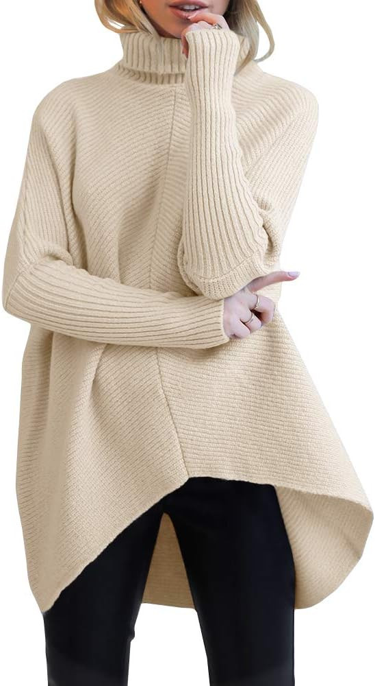 Nulibenna Womens Turtleneck Long Batwing Sleeve Knit Sweater Asymmetric Hem Chunky Pullover Winte... | Amazon (US)