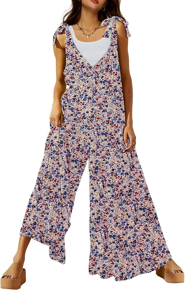 DEEP SELF Women's Summer Causal Jumpsuits Sleeveless Wide Leg Long Rompers V Neck Tie Strap Loose... | Amazon (US)